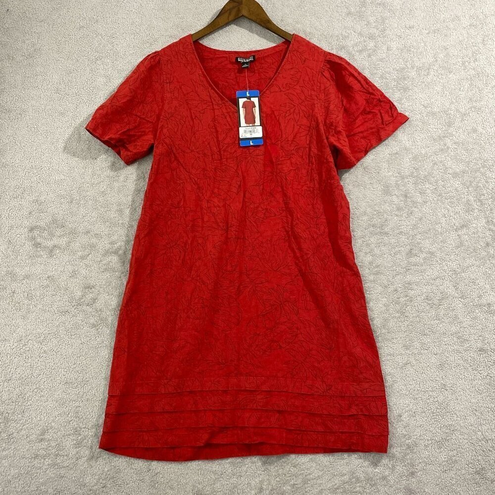 NEW  Nicole Miller Women's L Red Floral Textured Linen Blend V-Neck  Dress